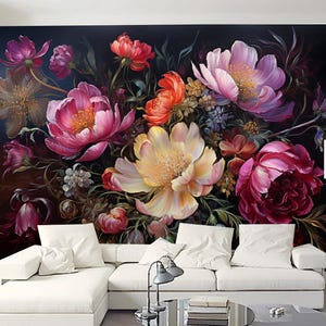 Sfondo scuro Peonia Fiori Carta da parati floreale Decorazione murale
