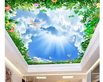 Blue Sky White Clouds Vine Ceiling Design Art Home Decoration Living Room Theme Hotel Wallpaper Wall Mural
