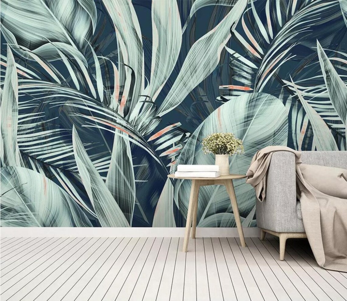 Tropical Green Leaves Wallpaper Wall Mural Fresh Green Leaves Etsy