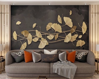 Gold Ginkgo Leaves Wallpaper Mural: Living Room Wall Decor