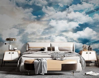 Abstract White Colorful Clouds Wallpaper Wall Mural, Blue Sky Wall Murals