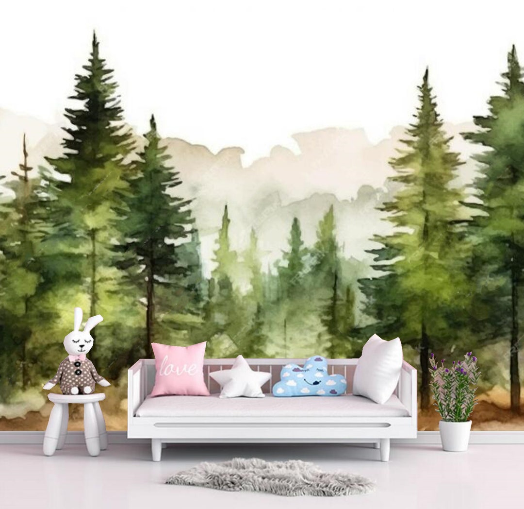 Watercolor Pine Tree Forest Wallpaper Mural: Kids Nursery Decor - Etsy