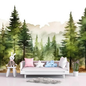 Watercolor Pine Tree Forest Wallpaper Mural: Kids Nursery Decor