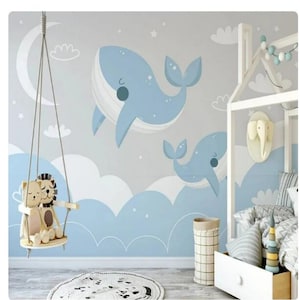 Papel pintado infantil y juvenil ballenas en gris sobre fondo azul Whales  7453