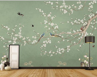 Chinoiserie Hanging Plum Flowers Wallpaper, Flying Birds Home Decor Wall Murals, Vivid Birds and Mountains Wall Murals Wall Decor