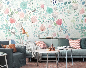 Watercolor Corn Poppy Floral Wallpaper: Kids Nursery Wall Mural