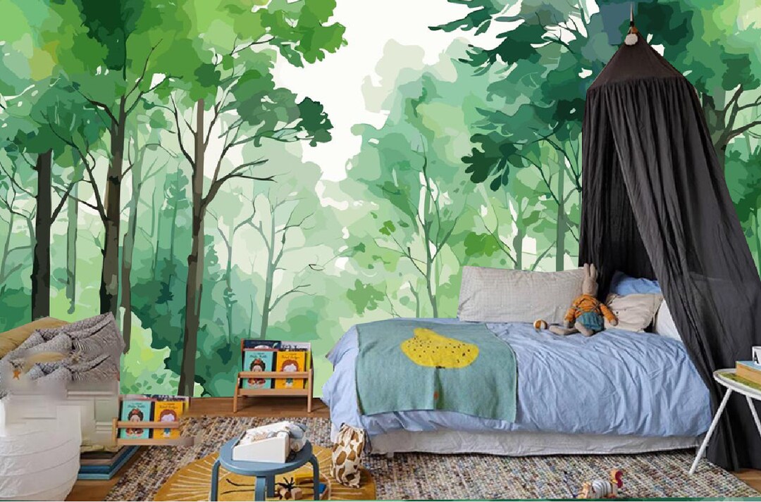Watercolor Forest Wallpaper Mural - Green Trees Nursery Decor - Etsy