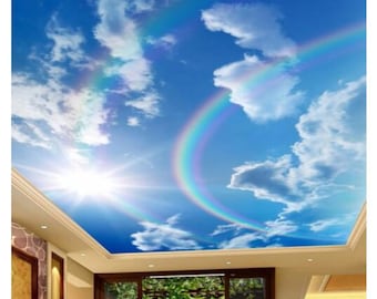 Blue Sky White Clouds Rainbow Living Room Bedroom Interior Ceiling Wallpaper Wall Mural Home Decor