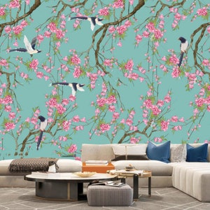 Chinoiserie Brushwork Cherry Blossom Vine Flowrrs with Birds Wallpaper Wall Mural Home Decor for Living Room Bedroom or Dinning Room