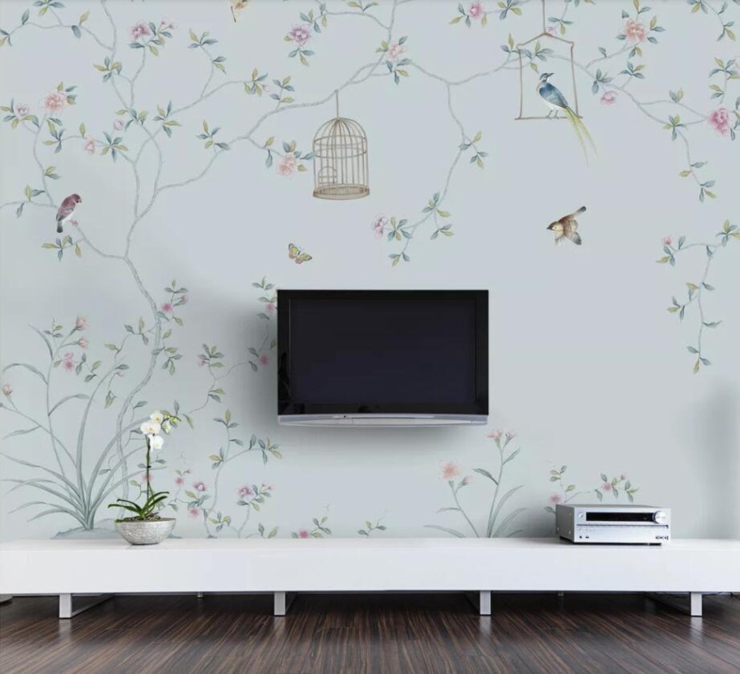 Papel pintado personalizado Mural Flores y pájaros TV Pintura decorativa  Fondo Murales de pared - Etsy México, image size:1080x984