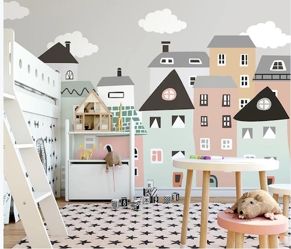 Custom Small House Nursery Wallpaper Handpainted Cartoon - Etsy Custom Small House Nursery Wallpaper Handpainted Cartoon - Etsy