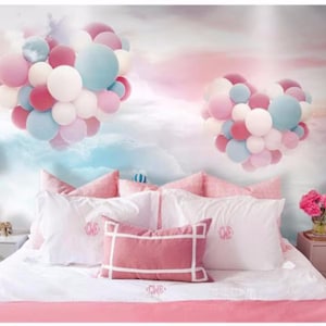 Papel tapiz para habitación de bebé con dibujos de acuarela de globos aerostáticos de colores, nubes blancas, rosas y azules, murales de pared para habitación de niños