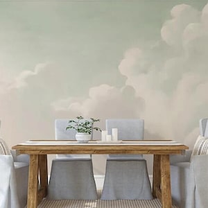Mint Green White Clouds Wallpaper, Simple Nature Clouds Wall Murals Wall Decor for Living or Dinning Room
