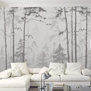 Grey Pine Trees Forest Wallpaper Wall Mural Home Decor