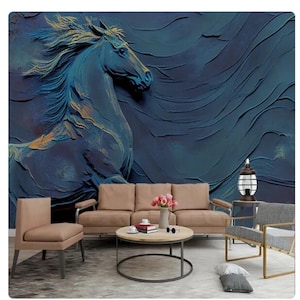 3D Stone Carving Horse Wallpaper Mural: Blue Home Decor