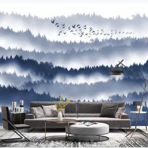 Décoration murale scène de forêt brumeuse, décoration murale forêts de montagne brumeuse, papier peint Forest Haze, décoration de chambre d'enfant et de chambre, papier peint sticker mural oiseaux volants