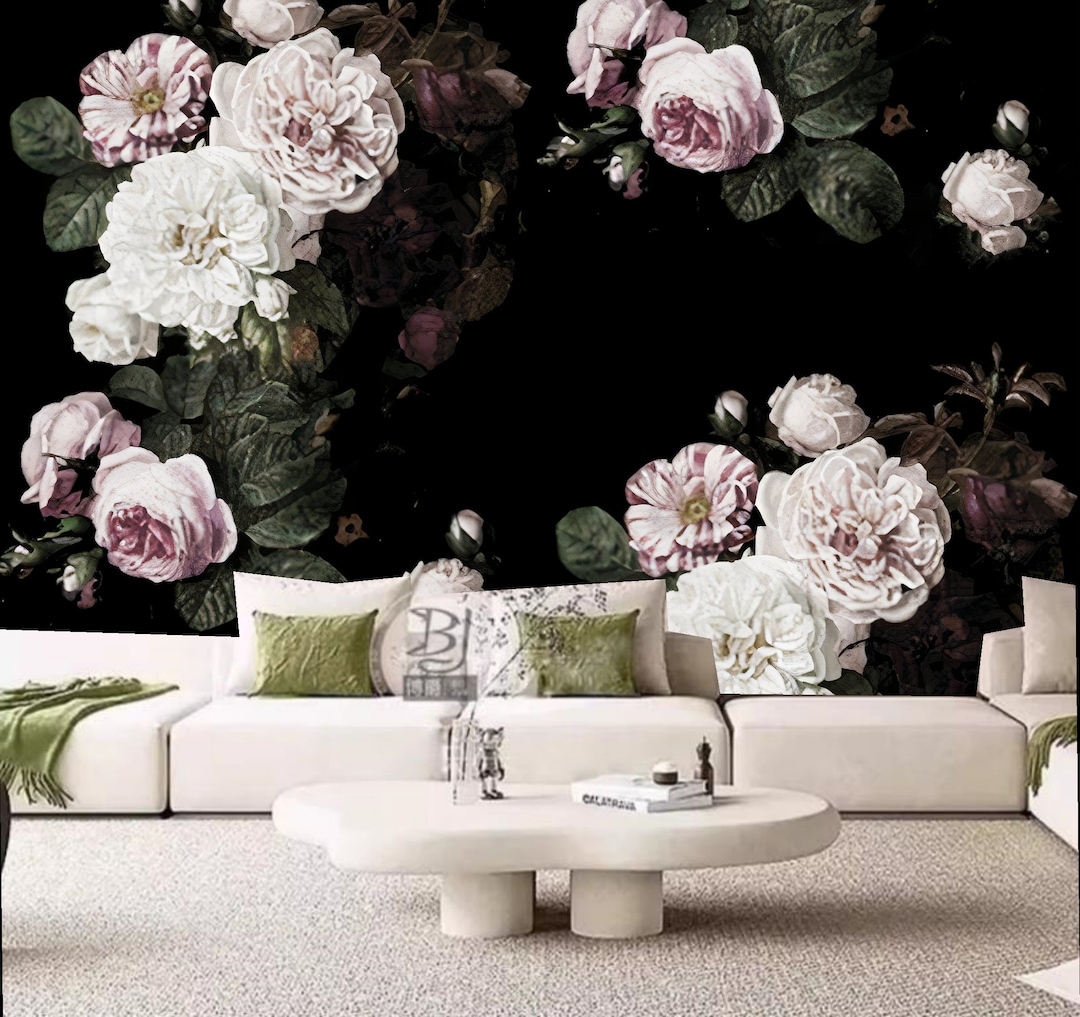 Dark Background Pink Rose Flowers Floral Wallpaper Wall Mural Wall ...