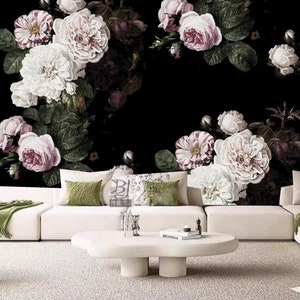 Dark Floral Wallpaper Mural: Pink Rose Wall Decor