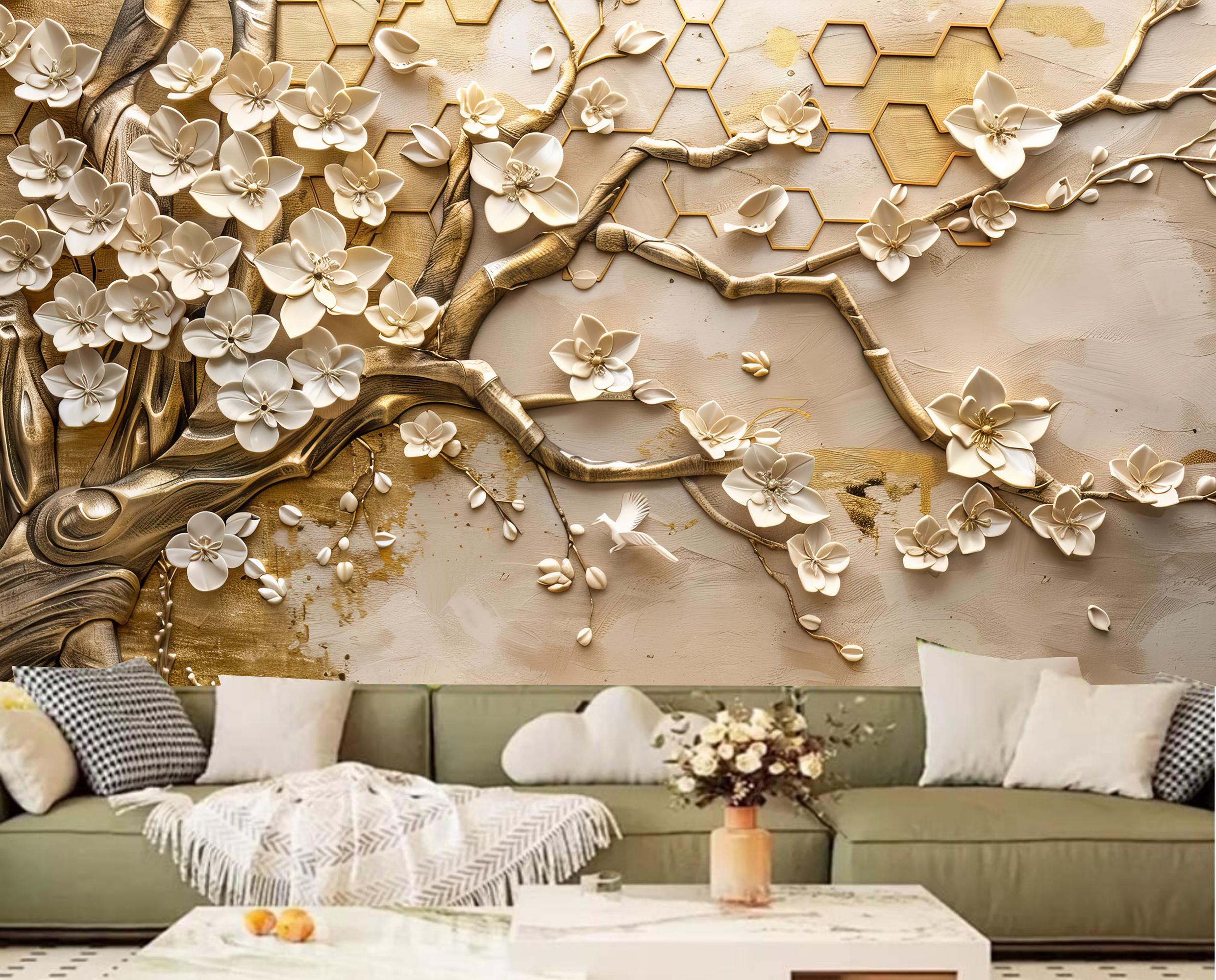 3D White Branch Flower Tree Floral Wallpaper Wall Mural Home Decor