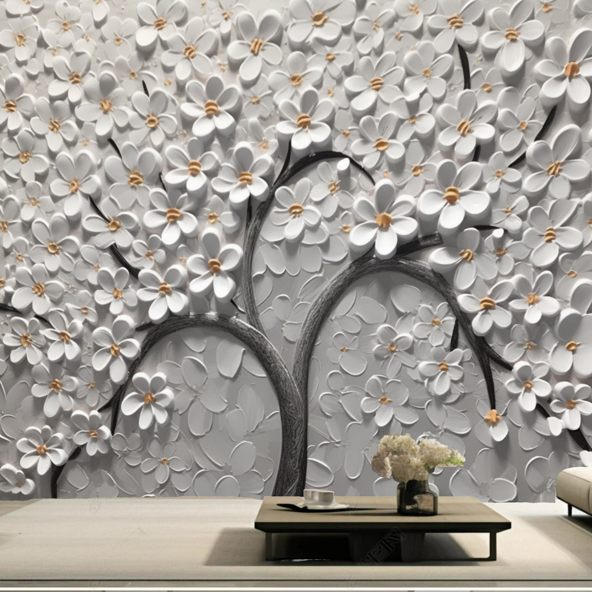3D Floral Tree Wallpaper Mural: White & Pink Flower Wall Decor - Etsy