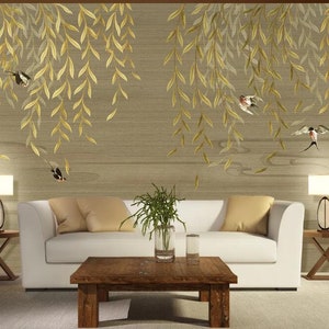 Chinoiserie Hanging Willow Wallpaper, Handpainted Flying  Swallow Home Decor Wall Murals for Living or Dinning Room