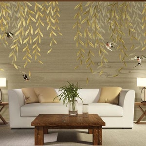 Chinoiserie Willow Wallpaper: Handpainted Swallow Wall Mural