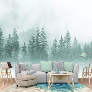 Fresh Simple Trees Forest Mural Wallpaper, Handpainted Pine Trees Forest Landscape Wall Murals Wall Decor
