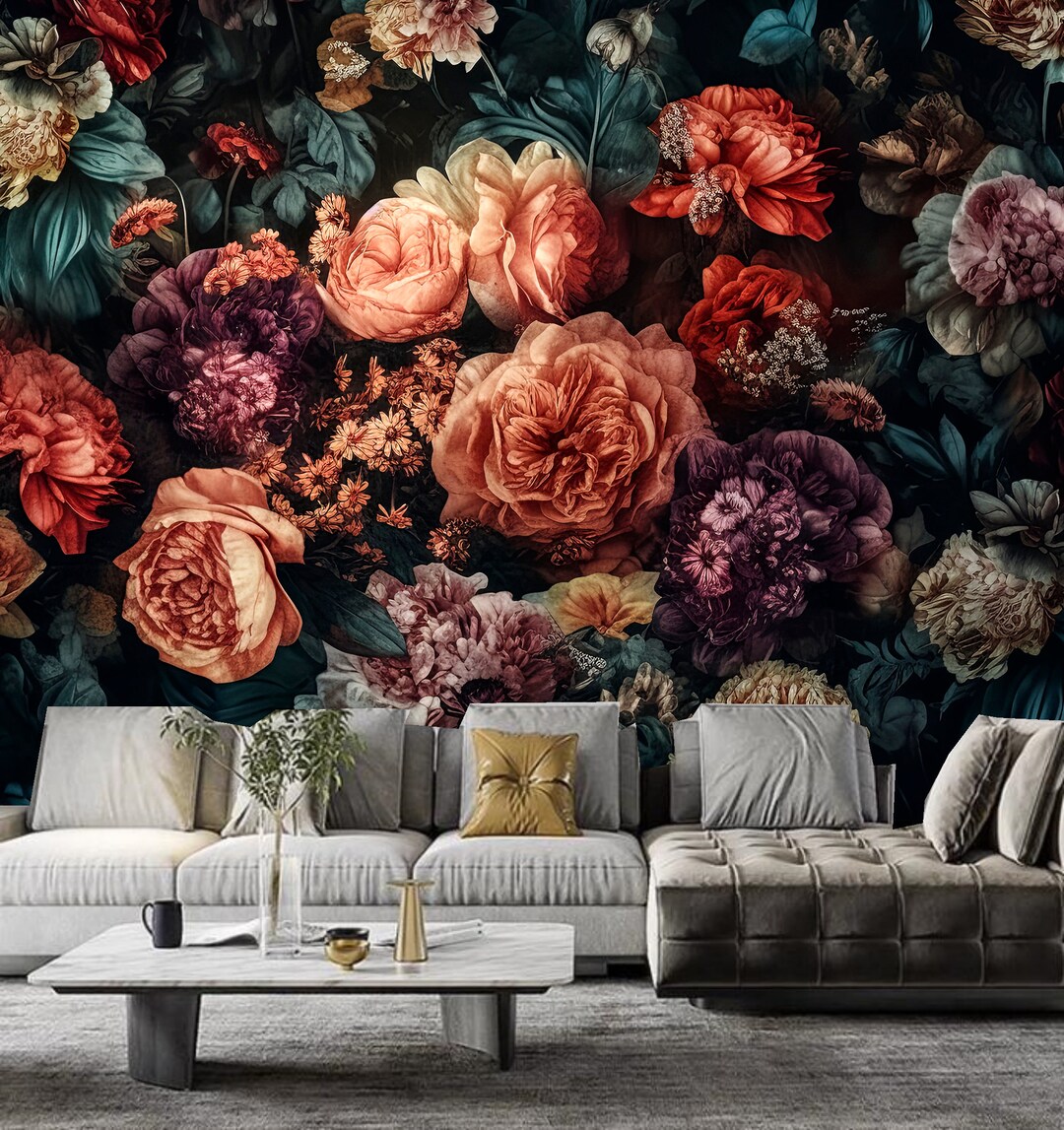 Dark Floral Peony Rose Wallpaper Mural: Home Decor - Etsy
