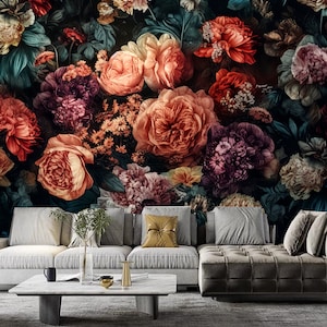Dark Floral Peony Rose Wallpaper Mural: Home Decor