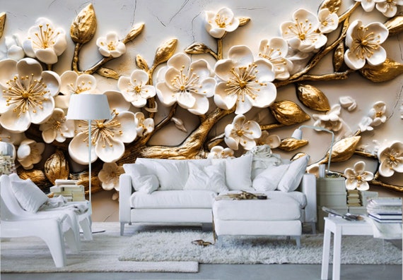 3D Cherry Blossom Wallpaper Mural: Golden Branch Floral Wall Decor