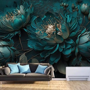 Dark Green Peony Floral Wallpaper Mural: Home Decor