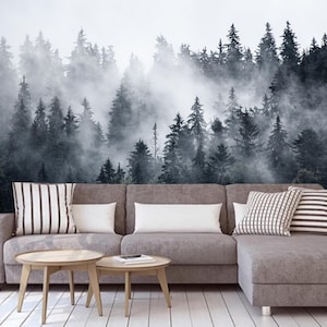 Misty Mountains Landscape Pine Trees Forest Wall Decor Wallpaper Wall Mural