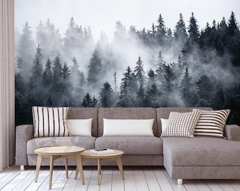 Misty Mountains Landscape Pine Trees Forest Wall Decor Wallpaper Wall Mural