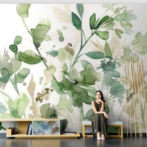 Carta da parati con foglie verdi fresche ad acquerello, semplici murales con foglie tropicali per soggiorno o sala da pranzo