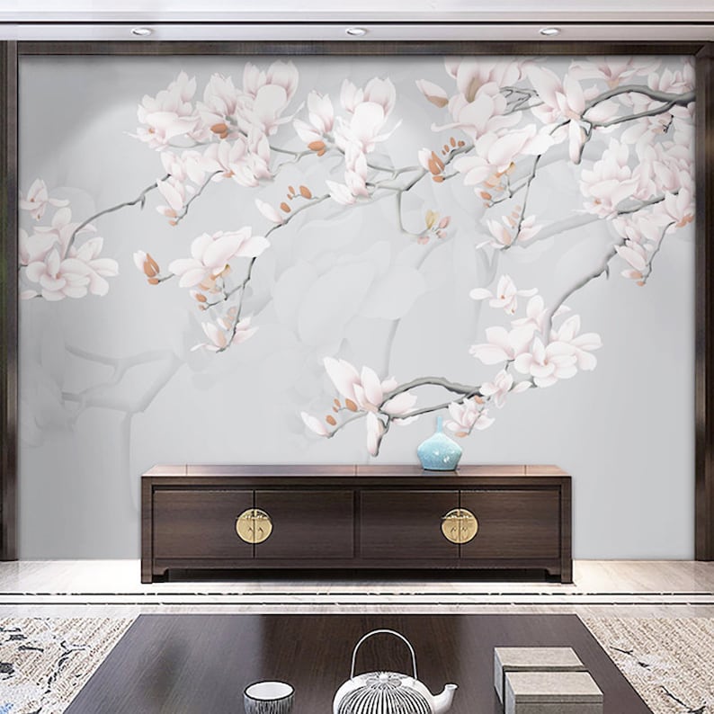 Chinoiserie Hanging Magnolia Wallpaper Wall Mural Home Decor Etsy