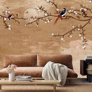 Chinoiserie Brushwork Hanging Plum Blossom with Flying Birds Wallpaper Wall Mural Home Decor