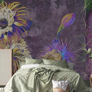 Papel de parede floral com girassóis florescendo com fundo escuro, mural de parede, decoração de parede para sala de estar, quarto ou sala de jantar