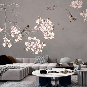 Chinoiserie Magnolia Wallpaper Mural: Pink Flowers, Flying Birds
