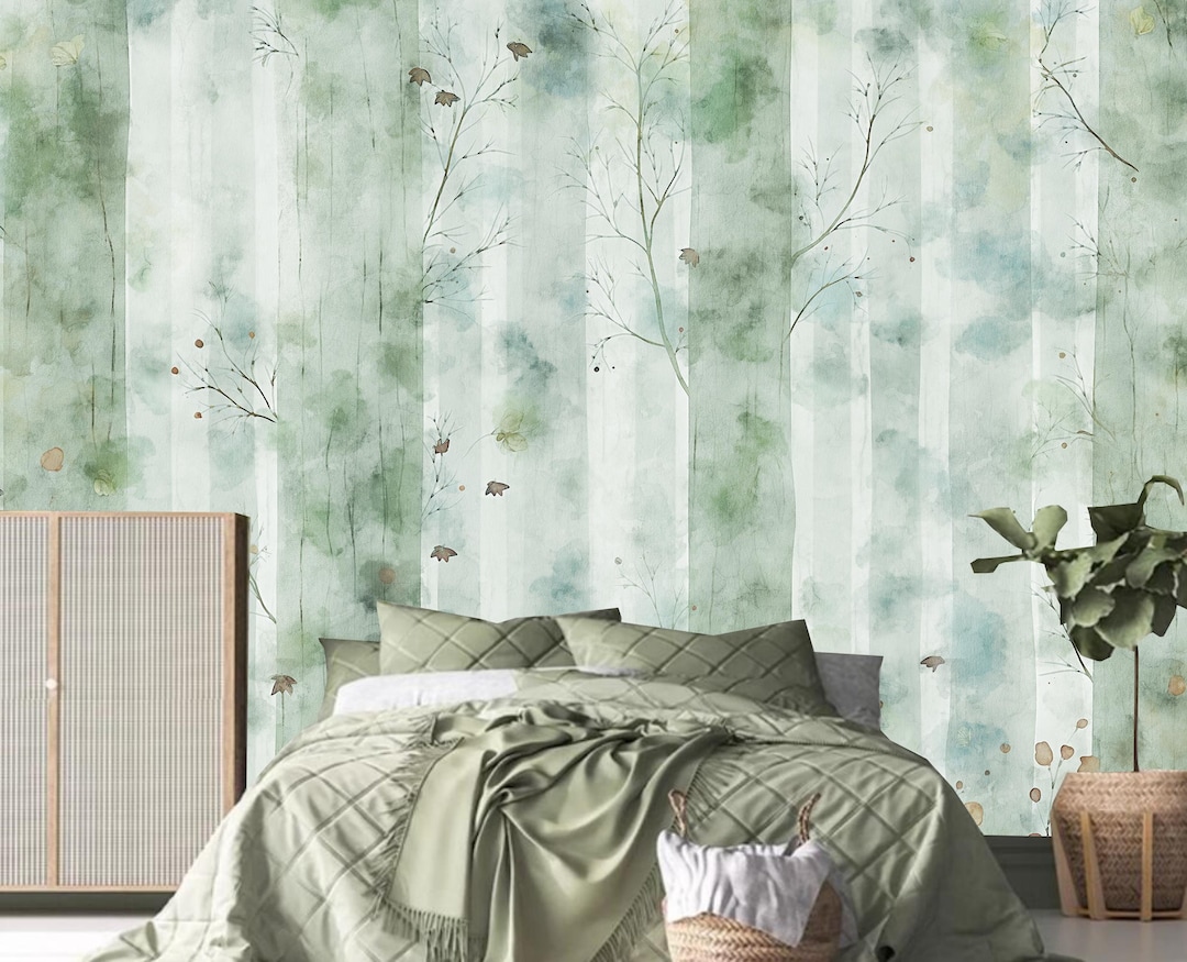 White and Mint Green Birch Tree Forest Wallpaper Wall Mural Home Decor ...