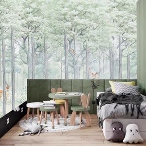 Mint Green Forest Animals Wallpaper Mural: Kids Nursery Decor