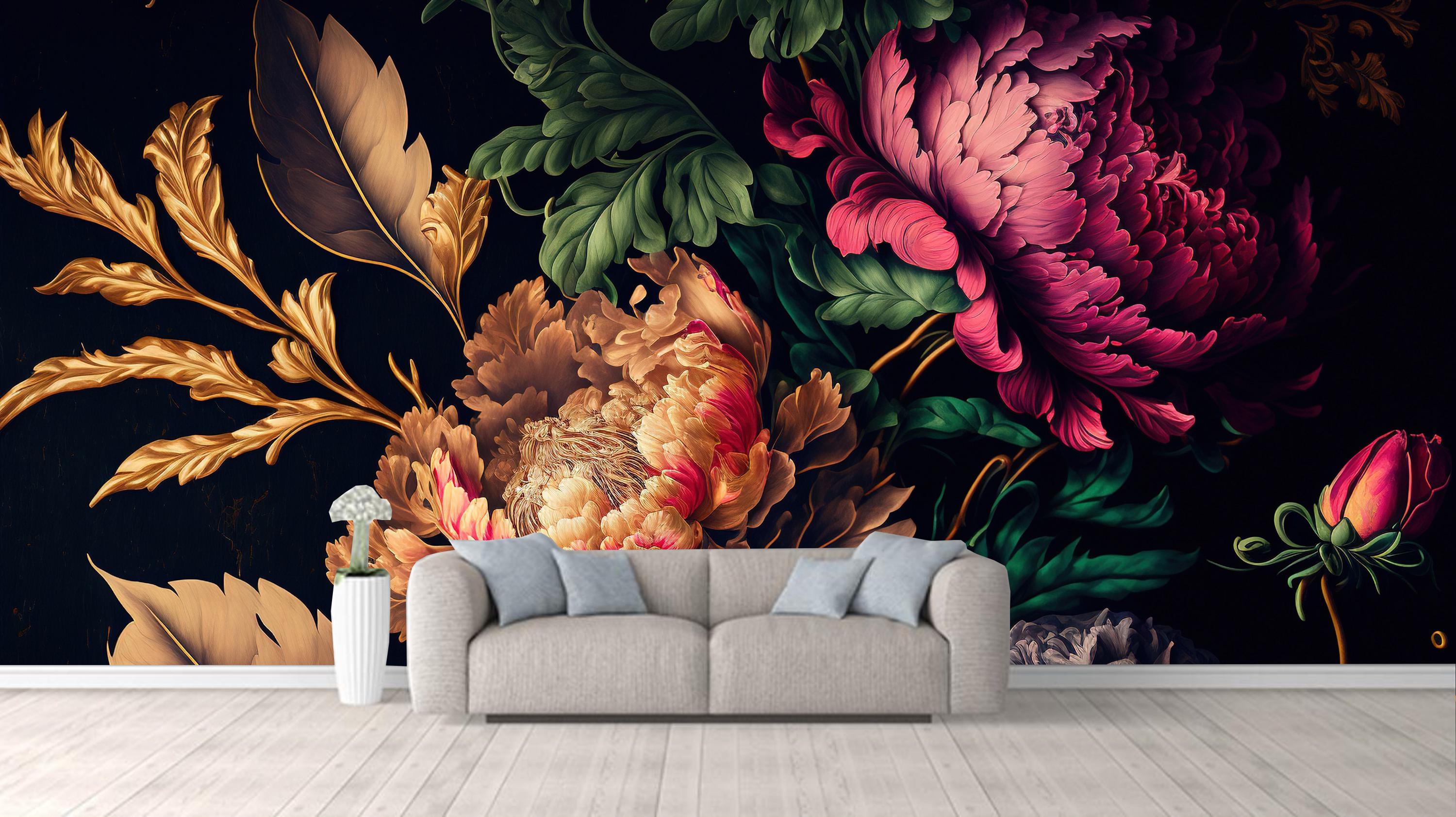 Dark Background Peony Flowers Floral Wallpaper Wall Mural Home Decor - Etsy