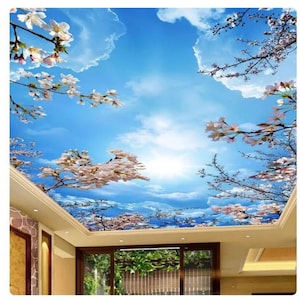 Mural de pared con tema de hotel, sala de estar, cielo azul, nubes blancas, flores de cerezo y techo