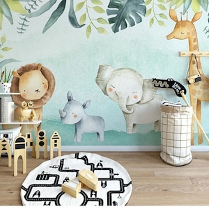 Aangepaste dierenmuurschildering: olifant, leeuw, giraf kinderkamerdecoratie