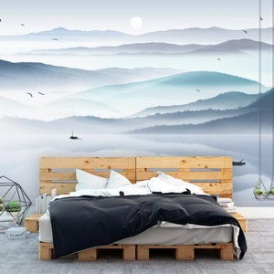 Ombre Mountains with Water Mural Wallpaper, Handpainted Ombre Mountains with Flying Birds and Boat Wall Murals Wall Decor