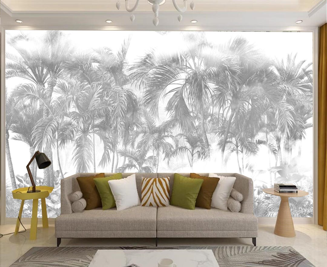 Tropical Rainforest Grey Palm Trees and Leaves Plants Forest Wallpaper