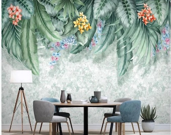 Tropical Rain Forest Fresh Hanging Green Banana Leaves Wall Mural, Hand Painted Tropical Leaves and Flowers Wall Murals Wall Decor