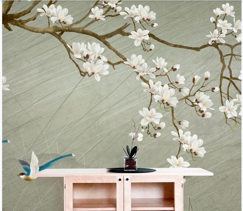 Chinoiserie Hanging Magnolia Tree Wallpaper Flying Vivid Etsy