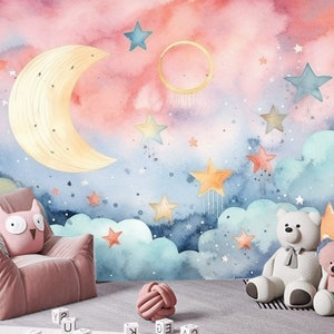 Cartoon Moon Stars Clouds Wallpaper Mural: Kids Nursery Decor