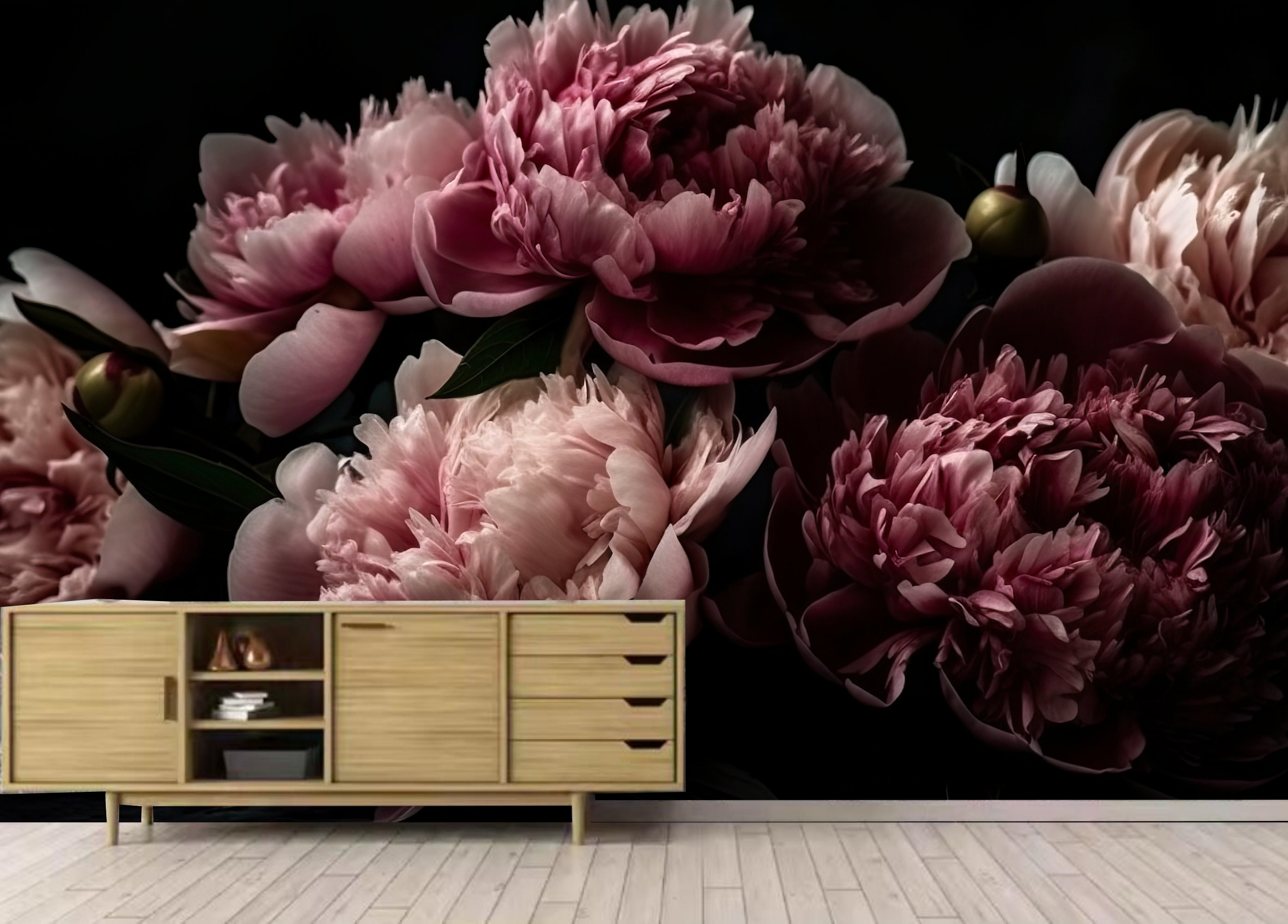 Pink Peony Floral Wallpaper Mural: Dark Background Wall Decor - Etsy
