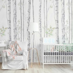 Mural de papel pintado con dibujos de bosques de abedules: decoración para habitaciones infantiles